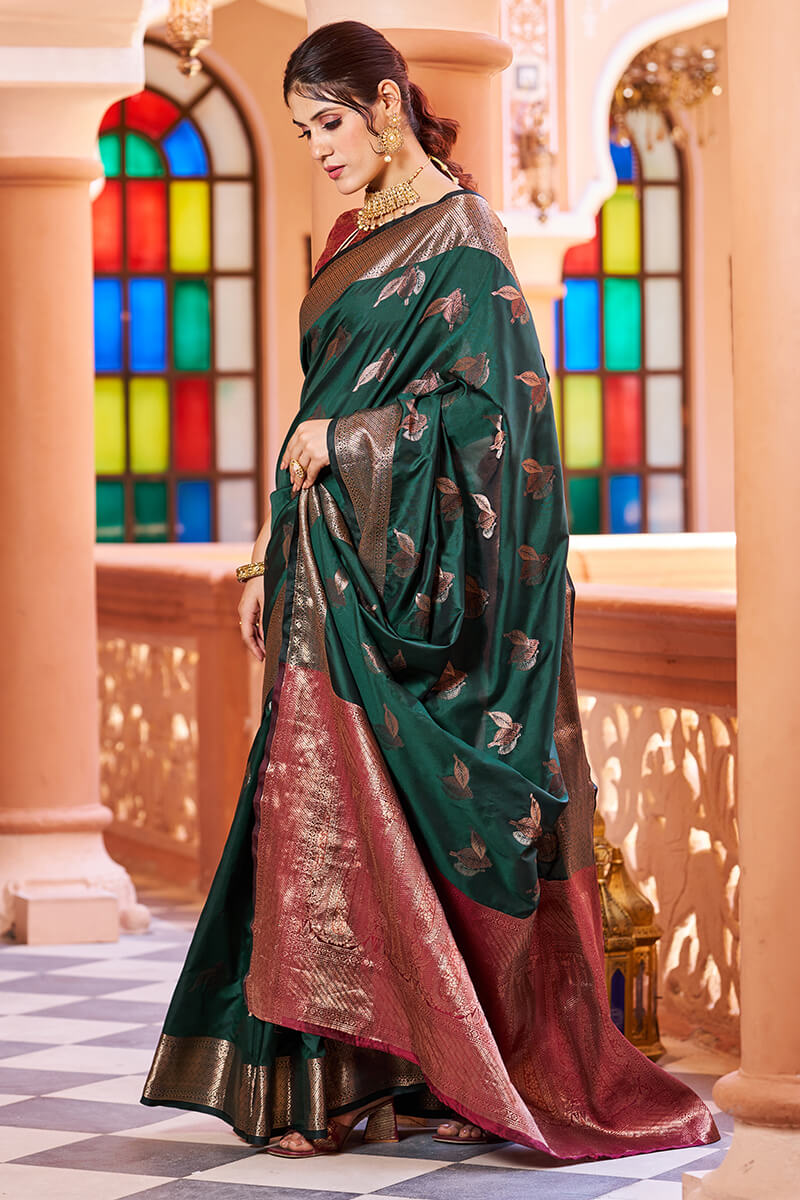 Flamboyant Dark Green Soft Banarasi Silk Saree With Pleasant Blouse Piece - Colorful Saree