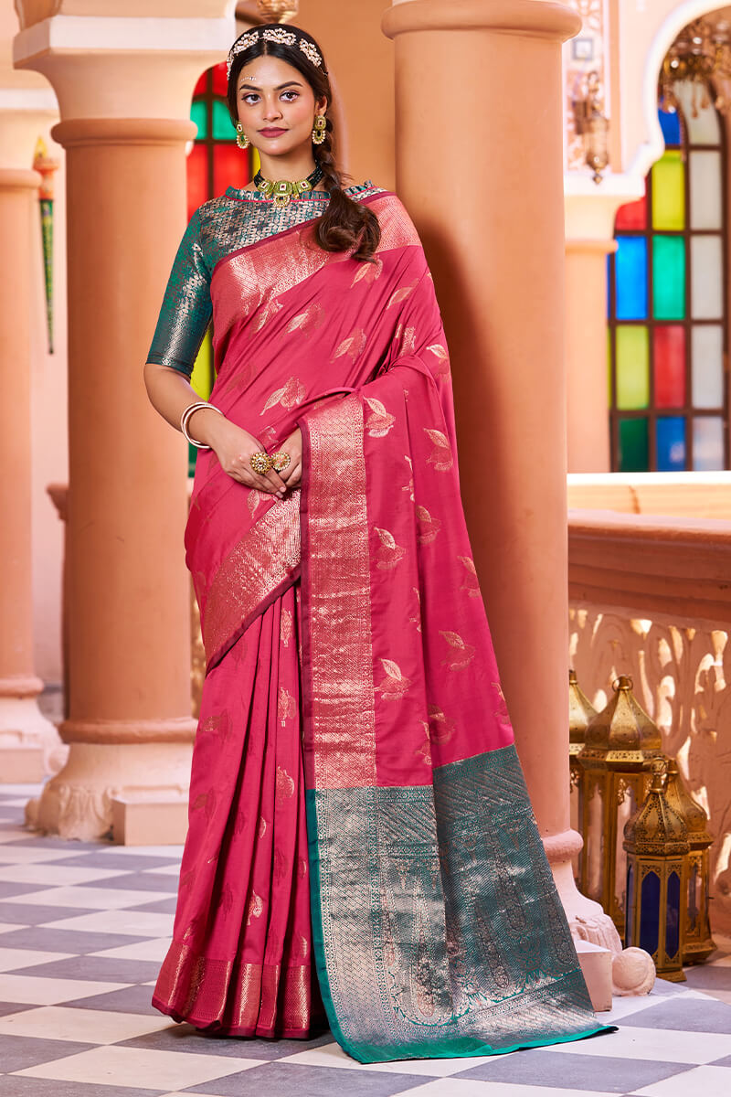 Most Stunning Dark Pink Soft Banarasi Silk Saree With Twirling Blouse Piece - Colorful Saree