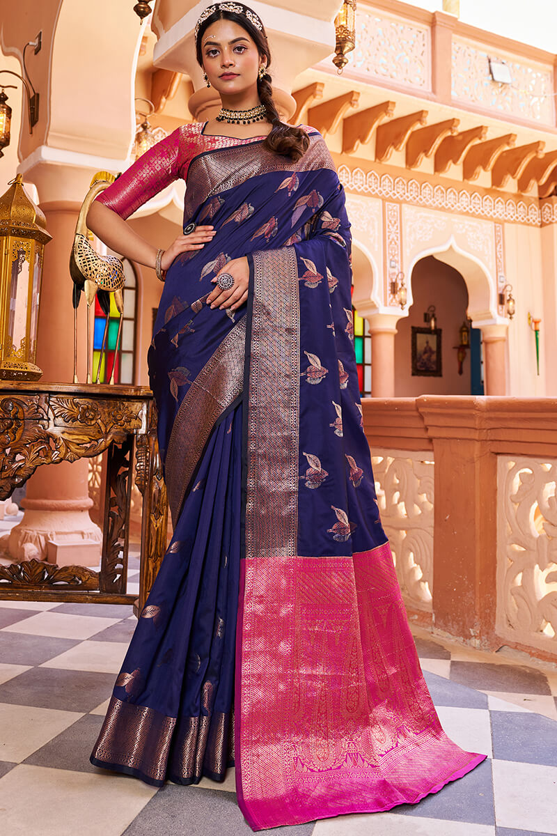 Inspiring Navy Blue Soft Banarasi Silk Saree With Entrancing Blouse Piece - Colorful Saree