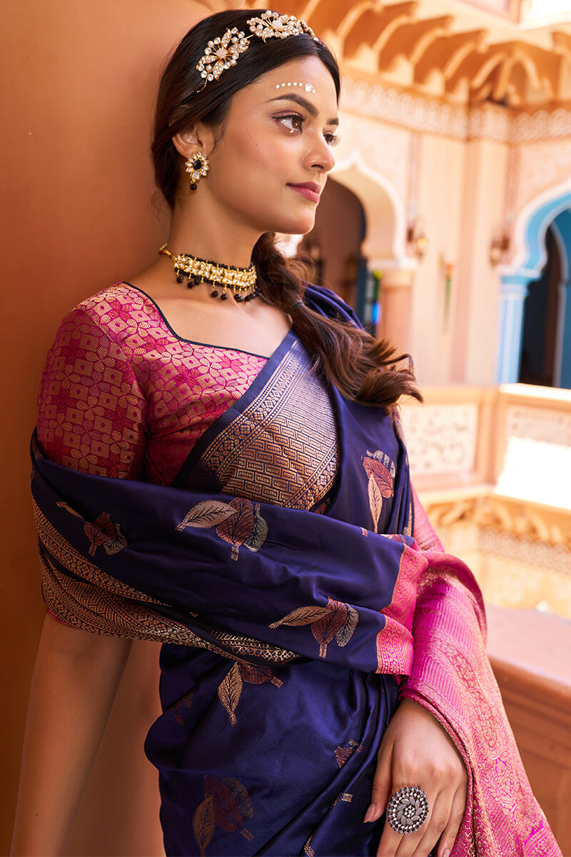 Inspiring Navy Blue Soft Banarasi Silk Saree With Entrancing Blouse Piece - Colorful Saree