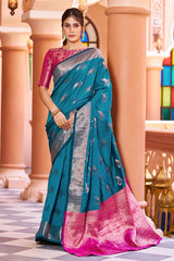 Stunner Rama Soft Banarasi Silk Saree With Enchanting Blouse Piece - Colorful Saree