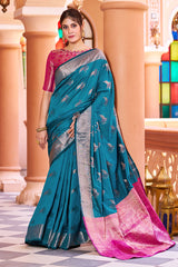 Stunner Rama Soft Banarasi Silk Saree With Enchanting Blouse Piece - Colorful Saree