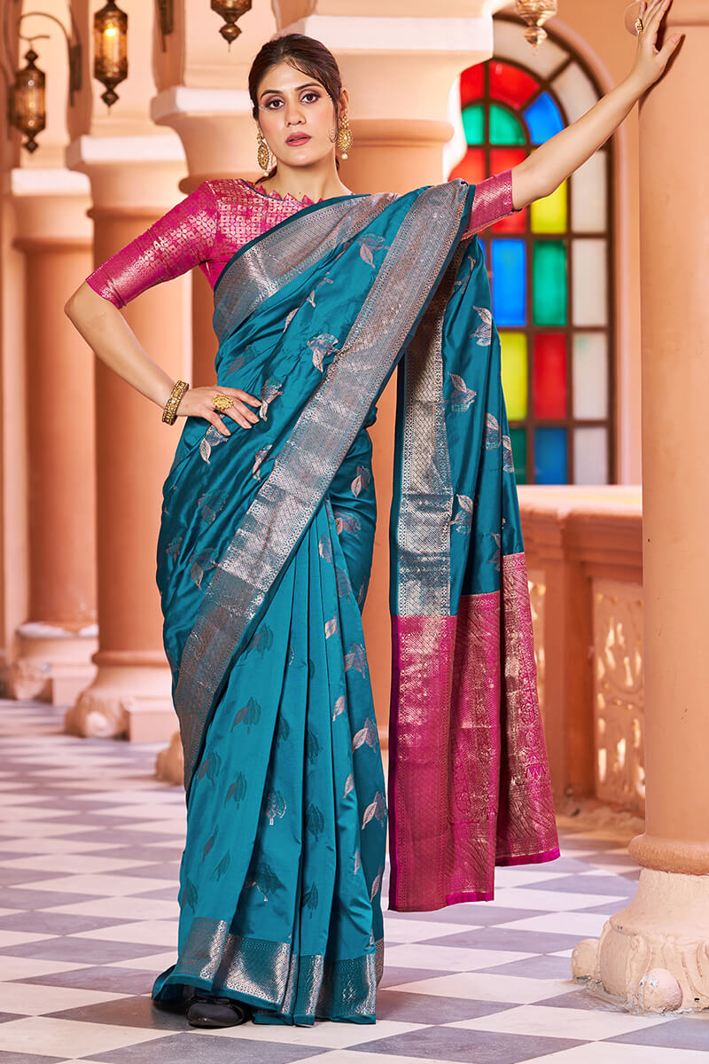 Stunner Rama Soft Banarasi Silk Saree With Enchanting Blouse Piece - Colorful Saree