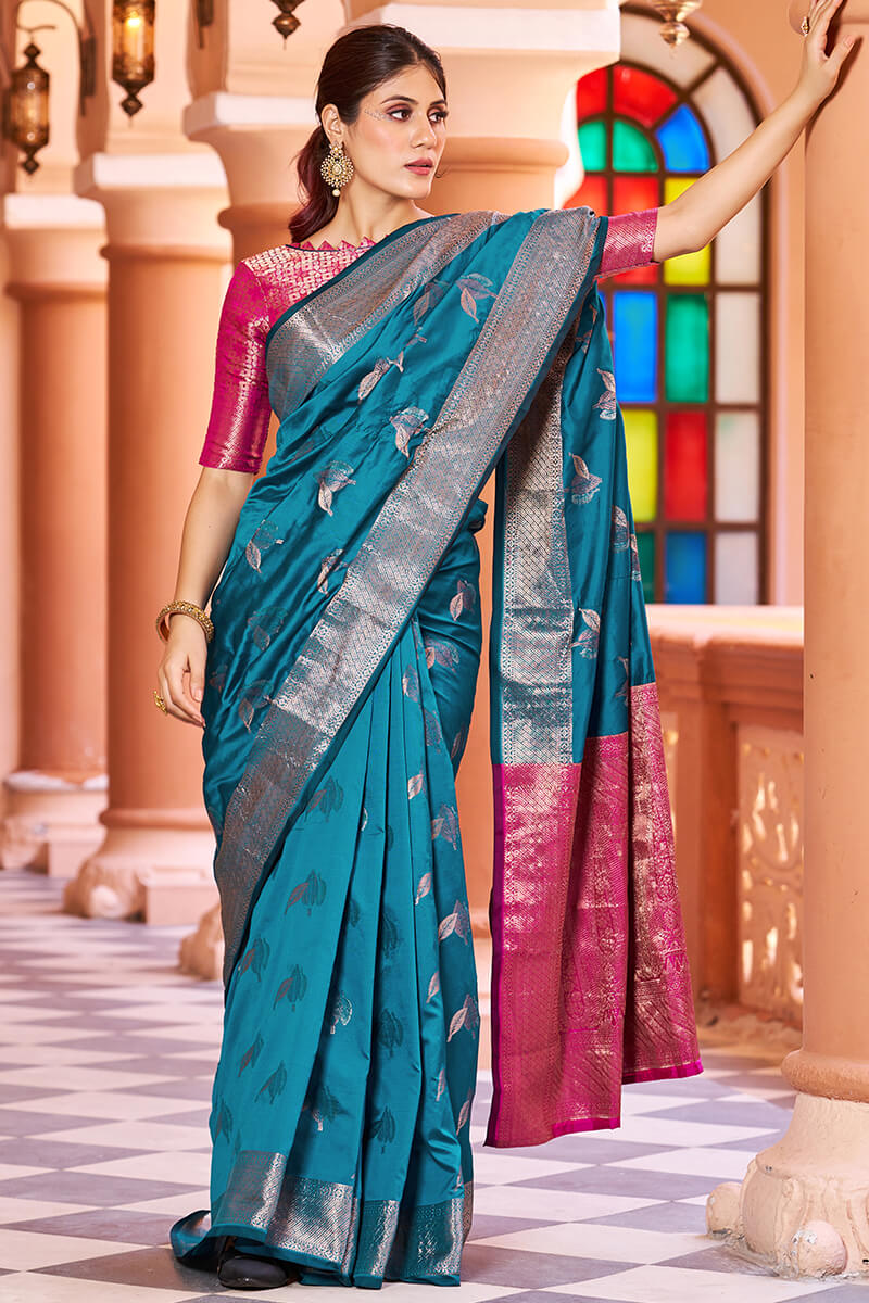 Stunner Rama Soft Banarasi Silk Saree With Enchanting Blouse Piece - Colorful Saree