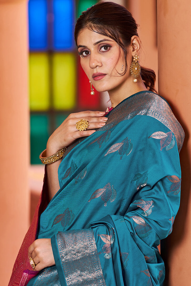 Stunner Rama Soft Banarasi Silk Saree With Enchanting Blouse Piece - Colorful Saree