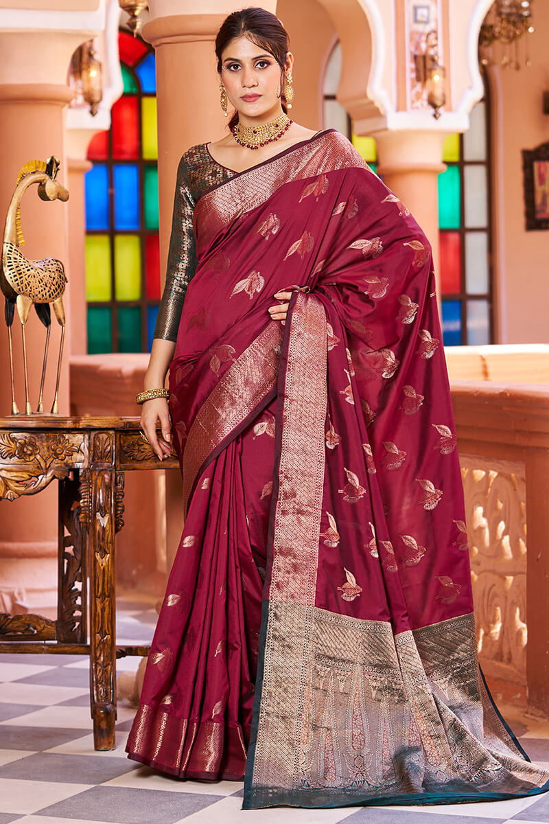Classic Wine Soft Banarasi Silk Saree With A glam Blouse Piece - Colorful Saree