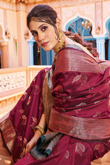 Classic Wine Soft Banarasi Silk Saree With A glam Blouse Piece - Colorful Saree