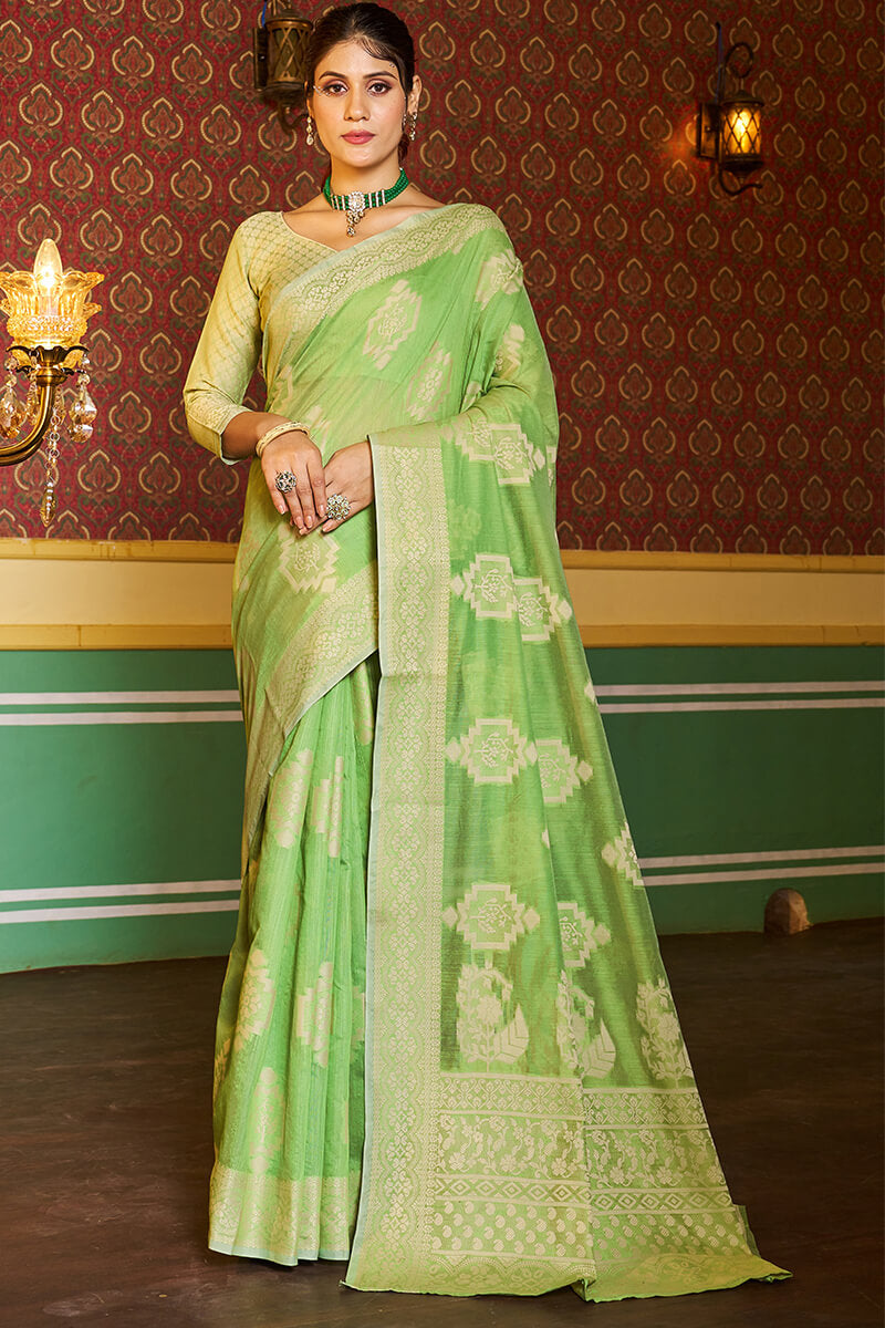 Dissemble Pista Linen Silk Saree With Efflorescence Blouse Piece - Colorful Saree