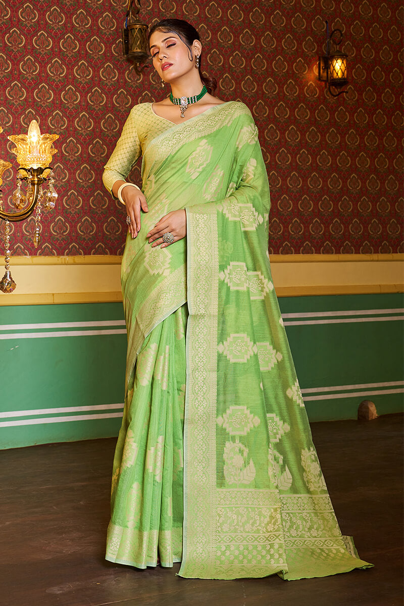 Dissemble Pista Linen Silk Saree With Efflorescence Blouse Piece - Colorful Saree