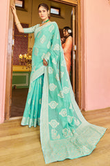 Forbearance Turquoise Linen Silk Saree With Lagniappe Blouse Piece - Colorful Saree