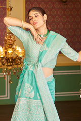 Forbearance Turquoise Linen Silk Saree With Lagniappe Blouse Piece - Colorful Saree