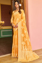 Murmurous Yellow Linen Silk Saree With Propinquity Blouse Piece - Colorful Saree