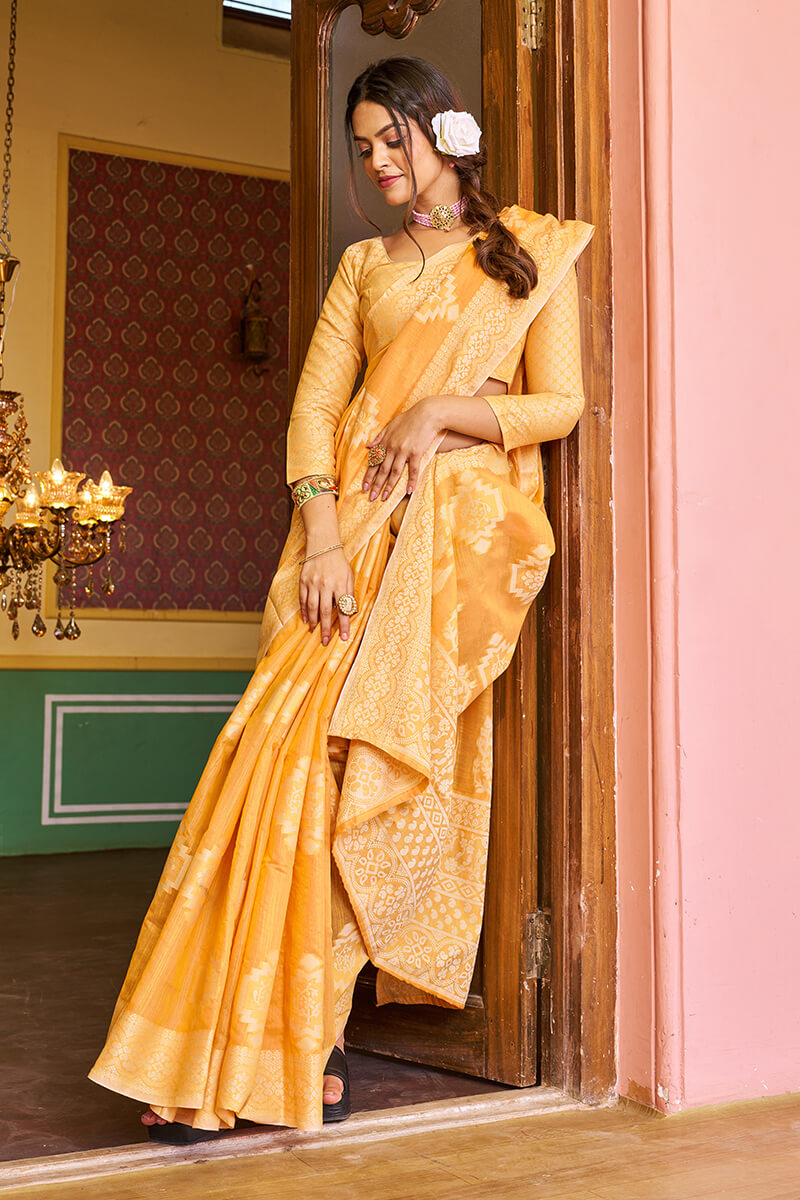 Murmurous Yellow Linen Silk Saree With Propinquity Blouse Piece - Colorful Saree