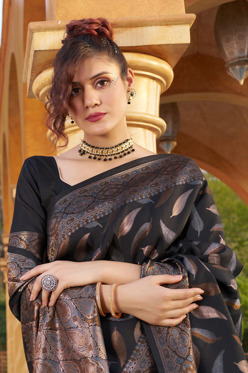 Gratifying Black Soft Banarasi Silk Saree With Felicitous Blouse Piece - Colorful Saree