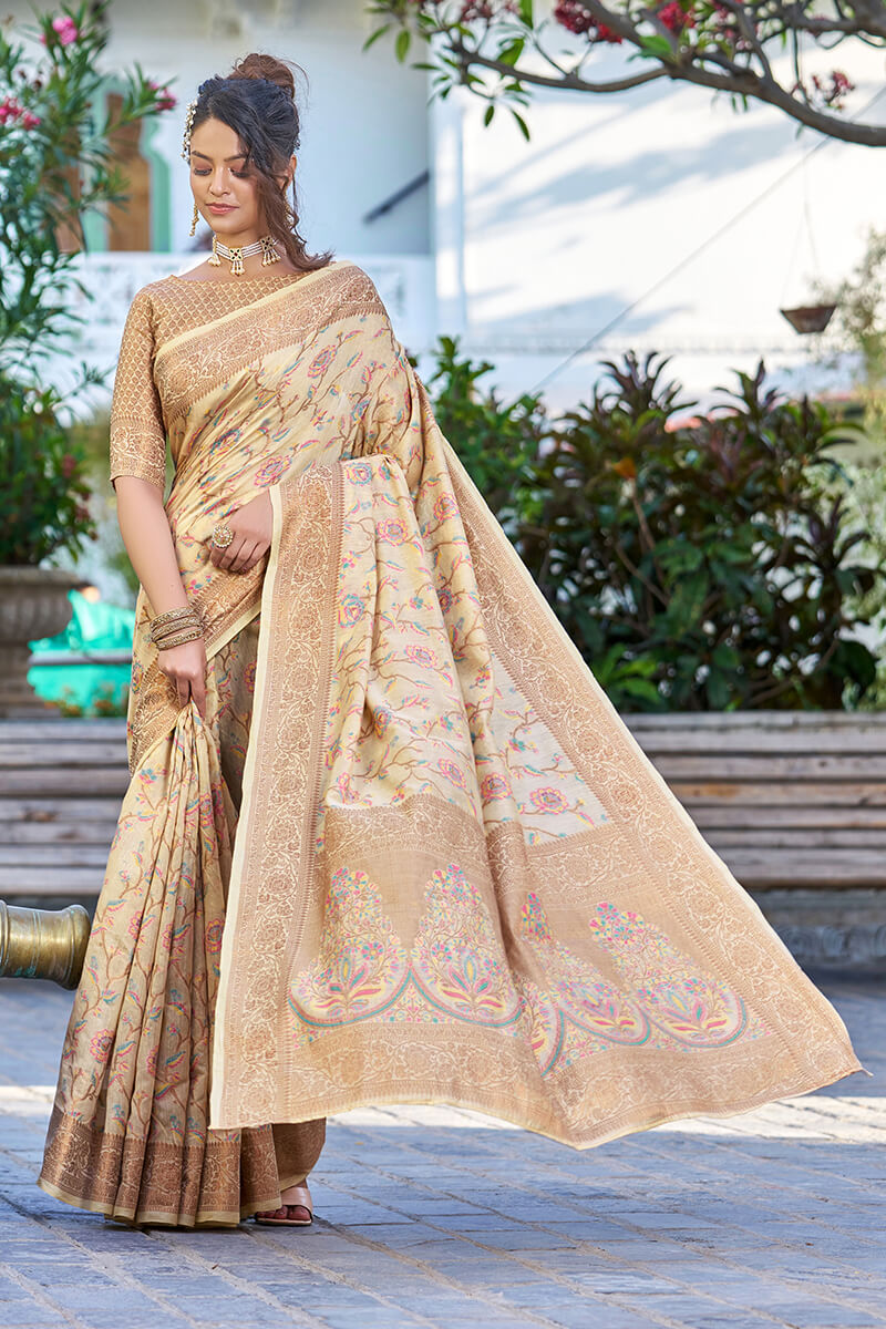 Hypnotic Beige Pashmina saree With Ideal Blouse Piece - Colorful Saree