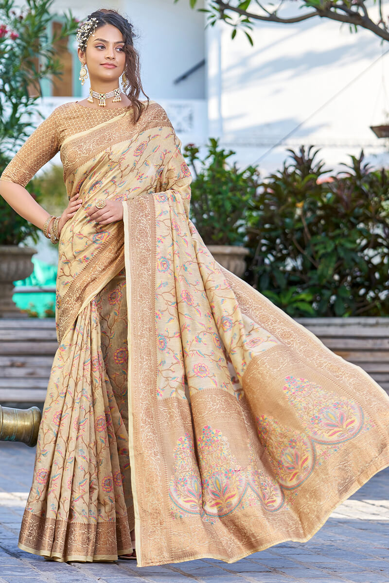 Hypnotic Beige Pashmina saree With Ideal Blouse Piece - Colorful Saree