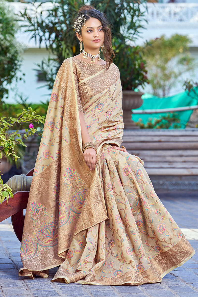 Hypnotic Beige Pashmina saree With Ideal Blouse Piece - Colorful Saree