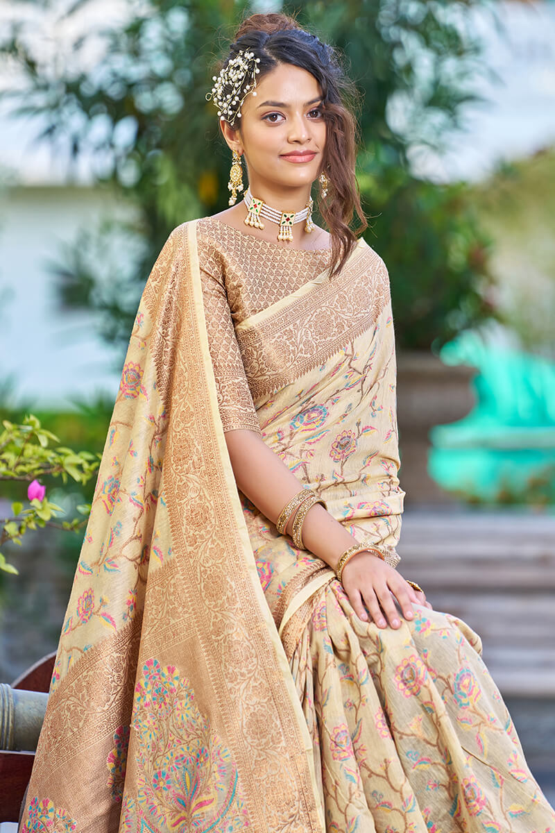 Hypnotic Beige Pashmina saree With Ideal Blouse Piece - Colorful Saree