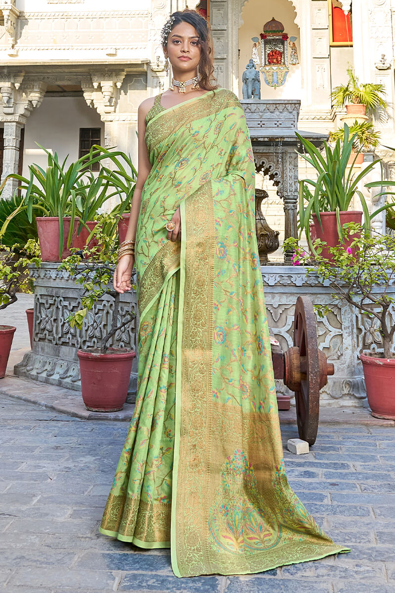 Glorious Pista Pashmina saree With Gossamer Blouse Piece - Colorful Saree