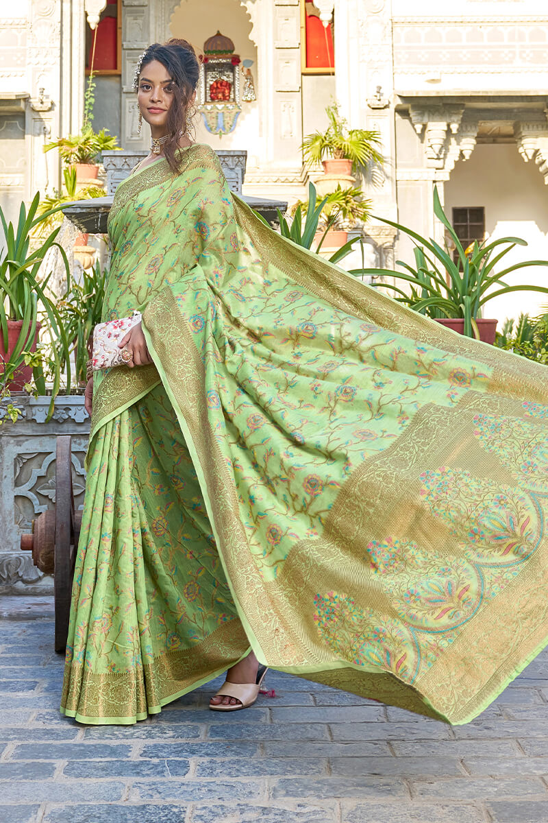 Glorious Pista Pashmina saree With Gossamer Blouse Piece - Colorful Saree