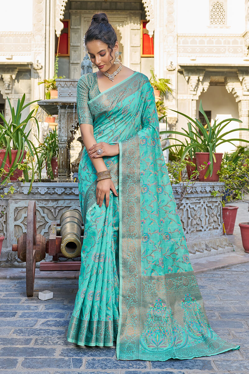 Exceptional Turquoise Pashmina saree With Seraglio Blouse Piece - Colorful Saree