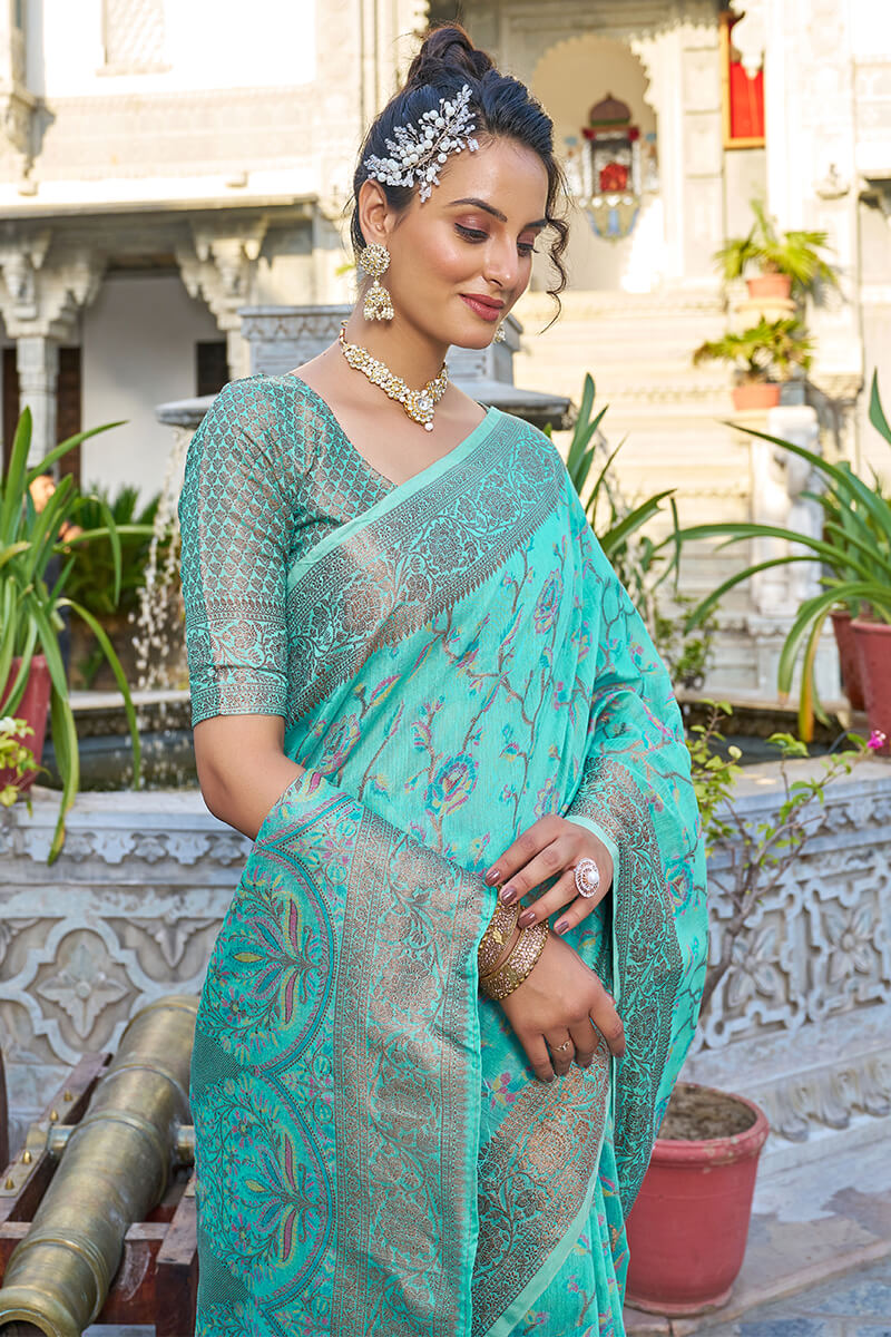 Exceptional Turquoise Pashmina saree With Seraglio Blouse Piece - Colorful Saree