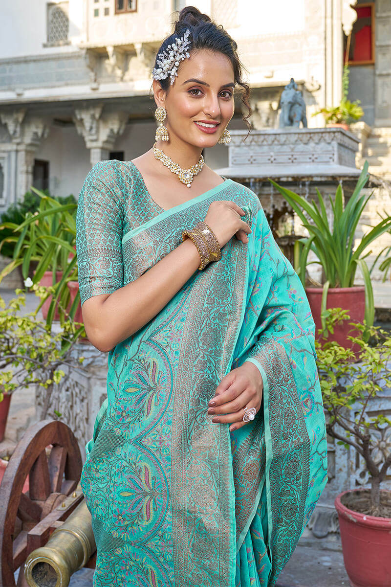 Exceptional Turquoise Pashmina saree With Seraglio Blouse Piece - Colorful Saree