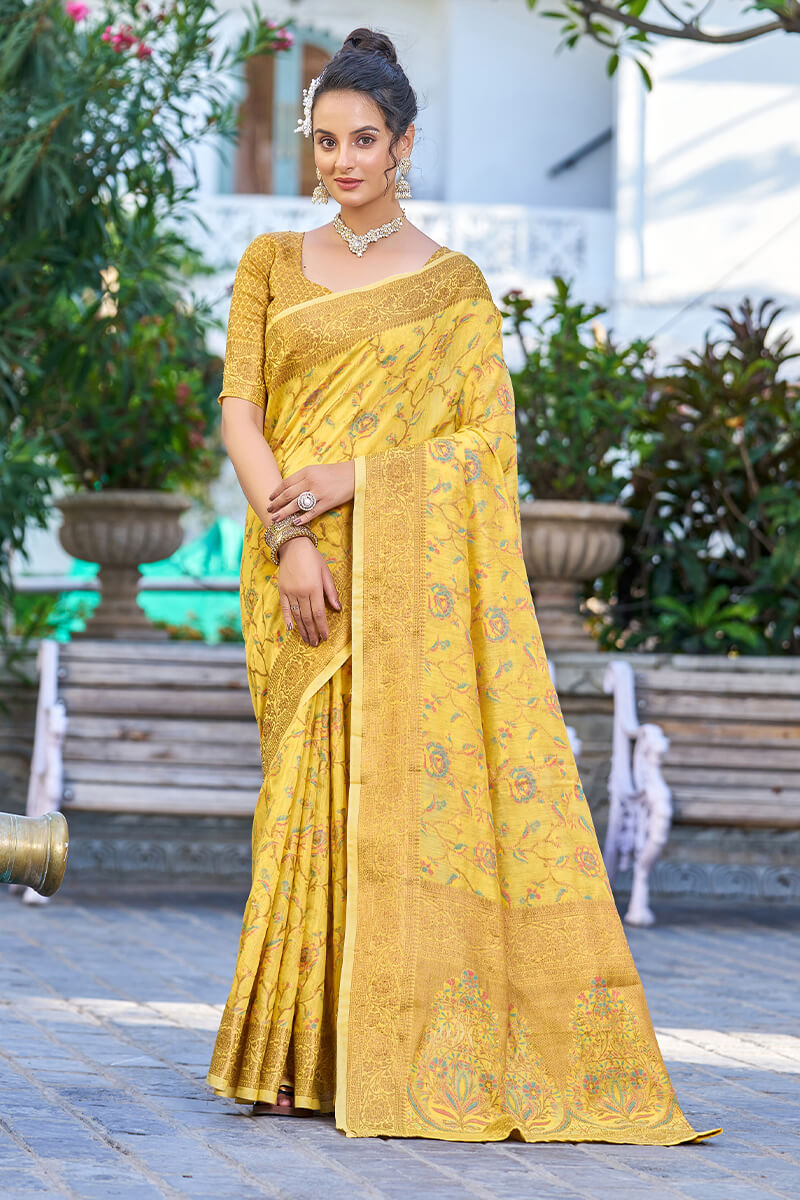 Delightful Yellow Pashmina saree With Seraglio Blouse Piece - Colorful Saree