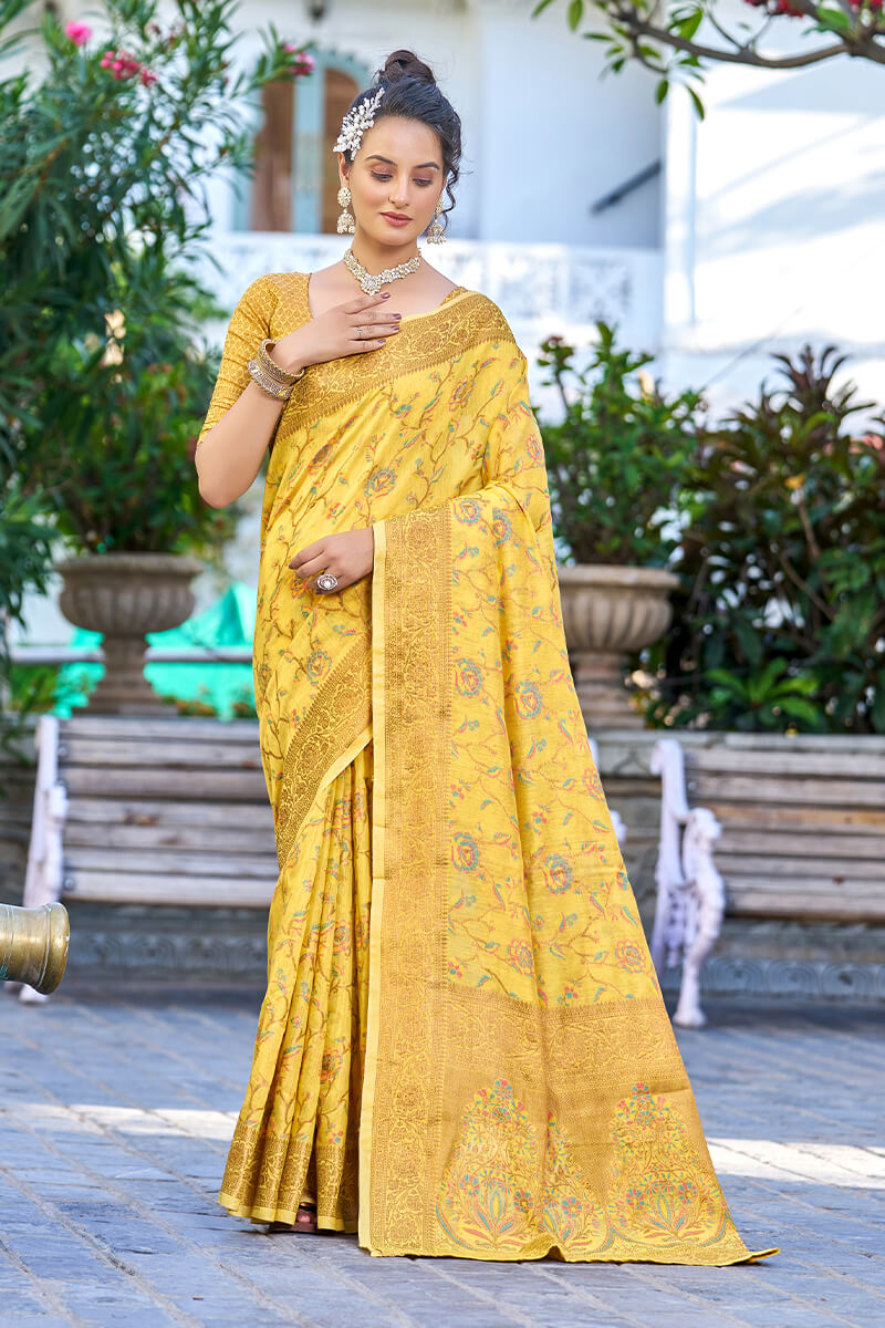 Delightful Yellow Pashmina saree With Seraglio Blouse Piece - Colorful Saree