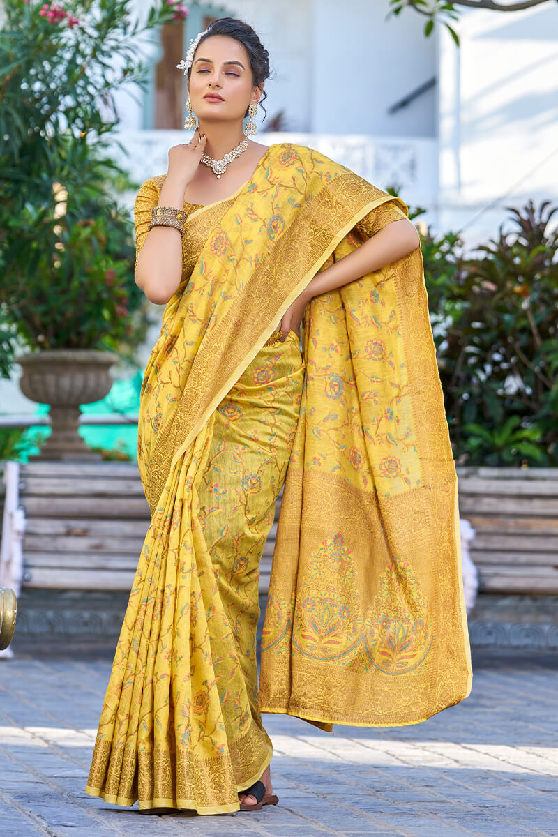 Delightful Yellow Pashmina saree With Seraglio Blouse Piece - Colorful Saree