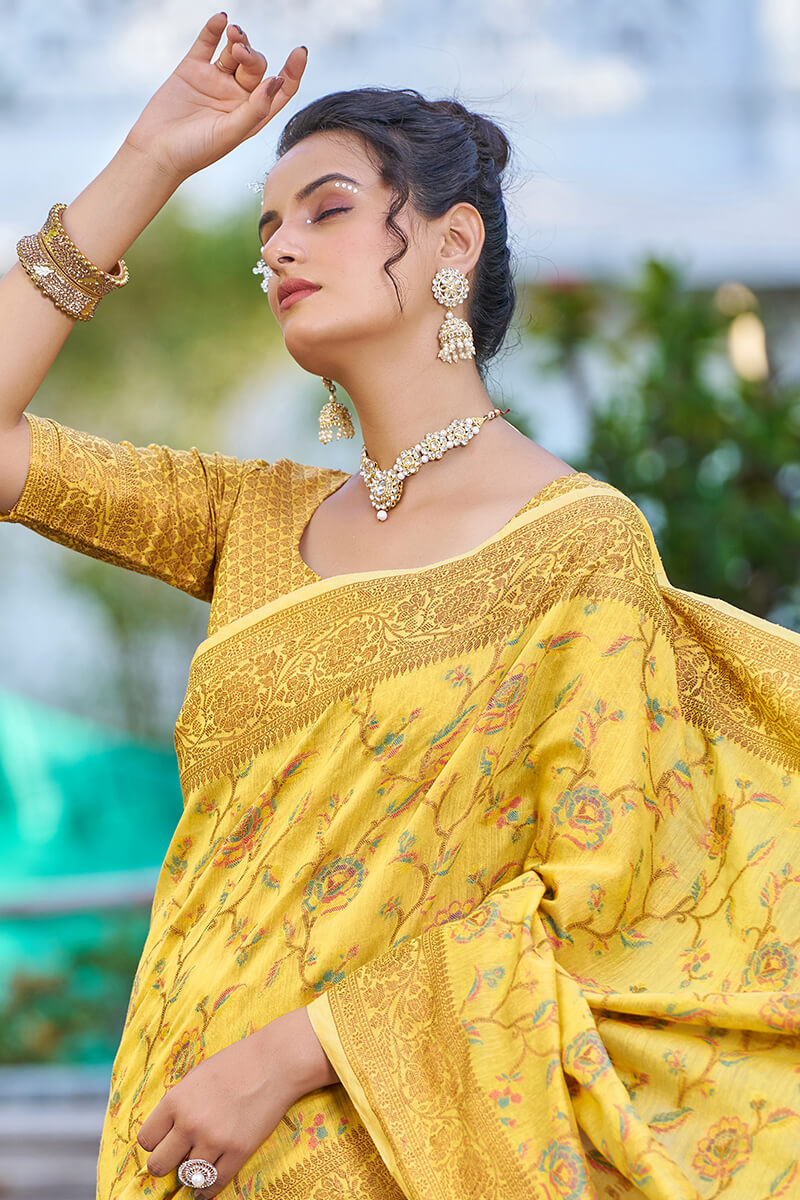 Delightful Yellow Pashmina saree With Seraglio Blouse Piece - Colorful Saree