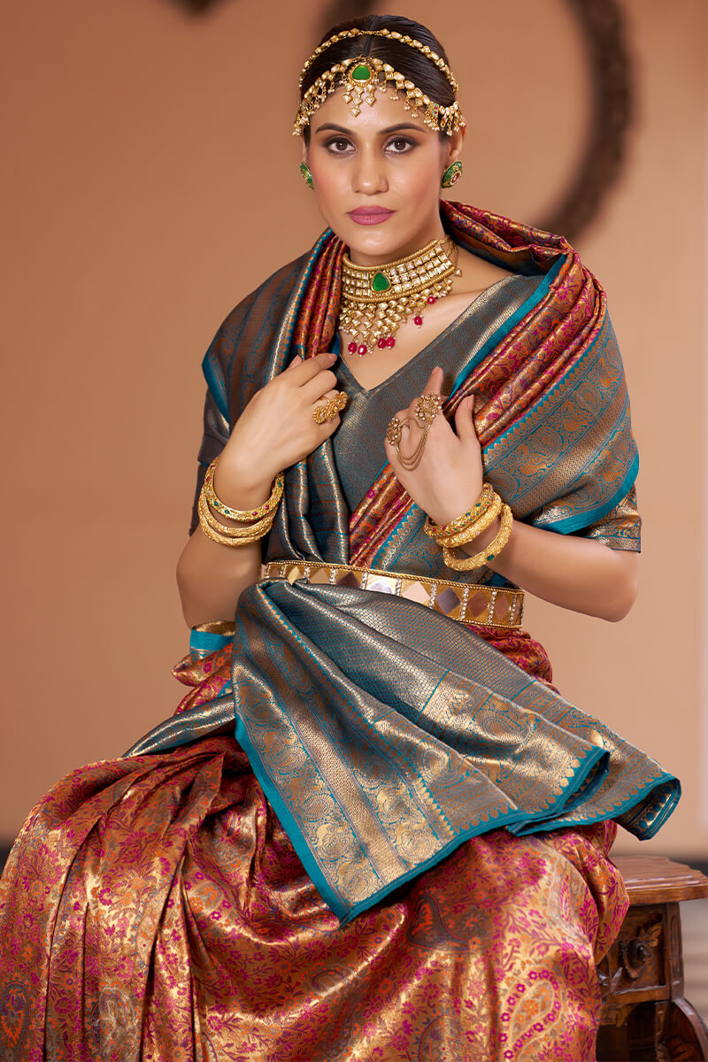 Inspiring Multicolor Kanjivaram Silk Saree With Luxuriant Blouse Piece - Colorful Saree