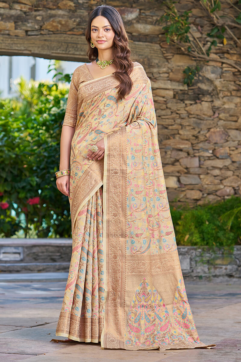 Lissome Beige Pashmina saree With Redolent Blouse Piece - Colorful Saree