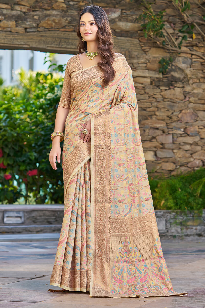 Lissome Beige Pashmina saree With Redolent Blouse Piece - Colorful Saree