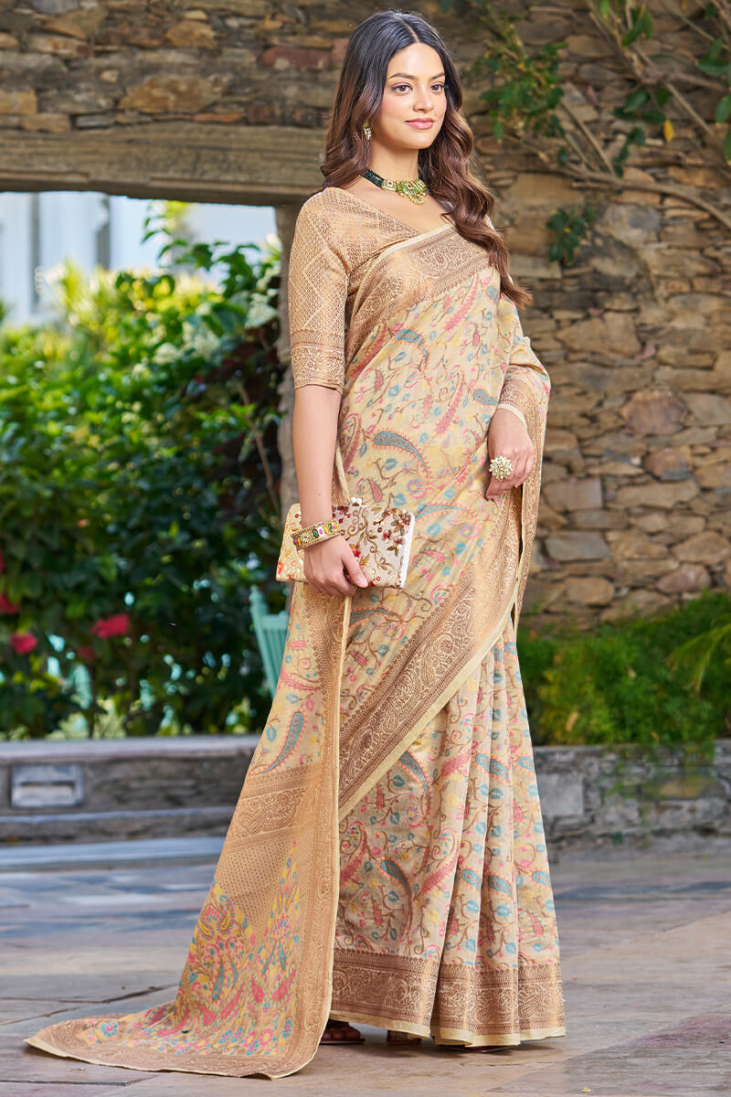 Lissome Beige Pashmina saree With Redolent Blouse Piece - Colorful Saree