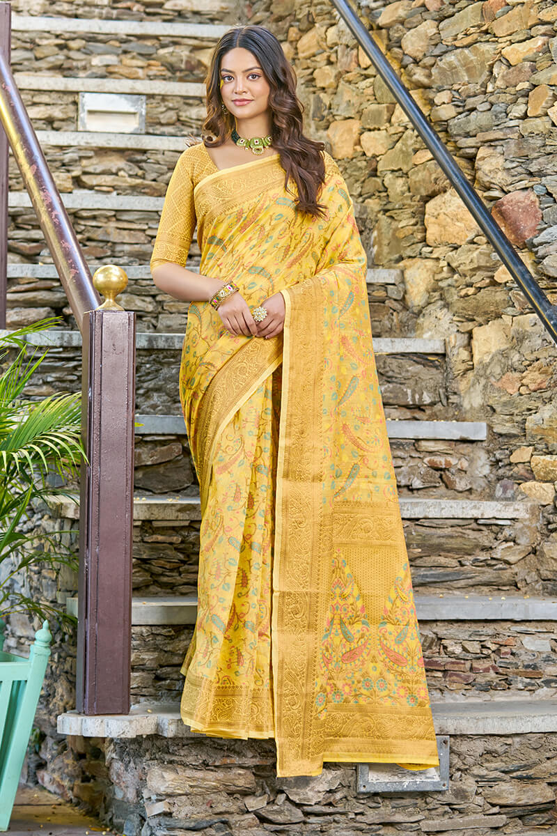 Desuetude Yellow Pashmina saree With Ratatouille Blouse Piece - Colorful Saree