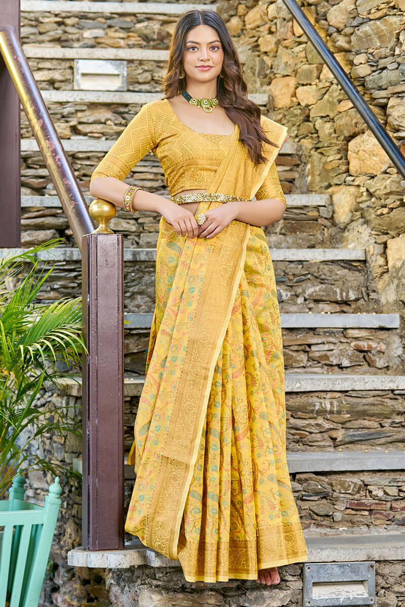 Desuetude Yellow Pashmina saree With Ratatouille Blouse Piece - Colorful Saree