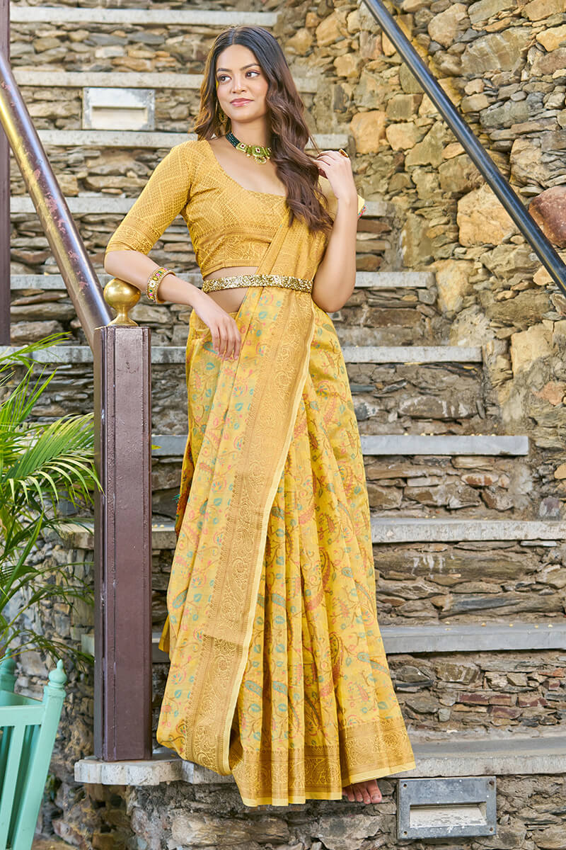 Desuetude Yellow Pashmina saree With Ratatouille Blouse Piece - Colorful Saree