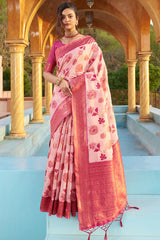 Glowing Baby Pink Organza Silk Saree With Lissome Blouse Piece - Colorful Saree