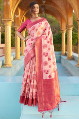 Glowing Baby Pink Organza Silk Saree With Lissome Blouse Piece - Colorful Saree