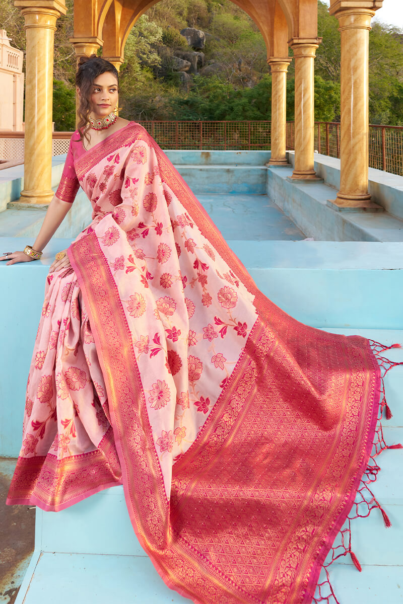 Glowing Baby Pink Organza Silk Saree With Lissome Blouse Piece - Colorful Saree