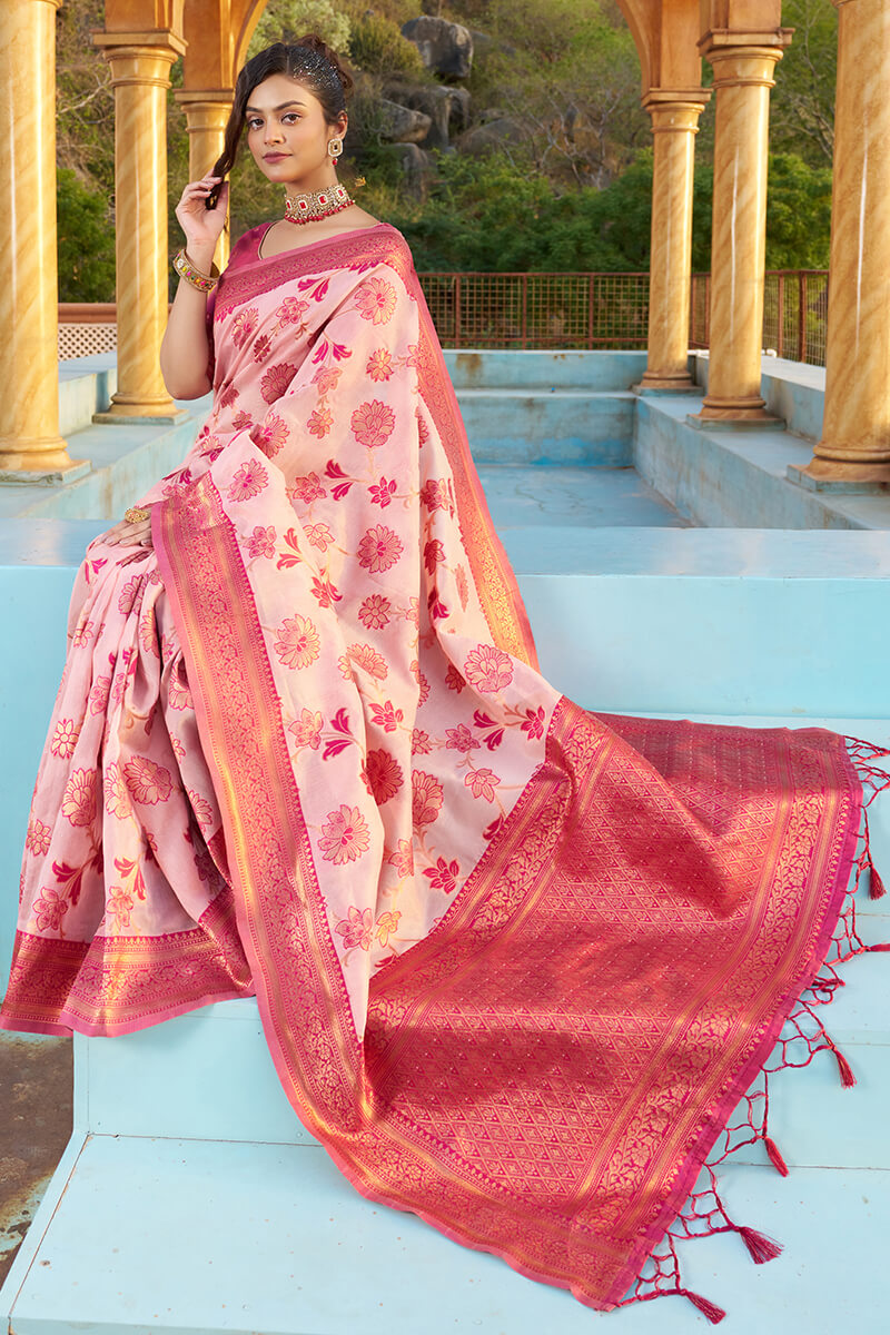 Glowing Baby Pink Organza Silk Saree With Lissome Blouse Piece - Colorful Saree