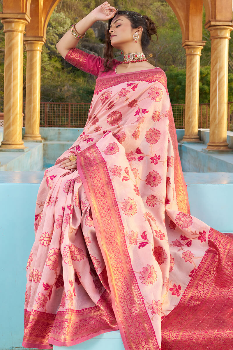 Glowing Baby Pink Organza Silk Saree With Lissome Blouse Piece - Colorful Saree