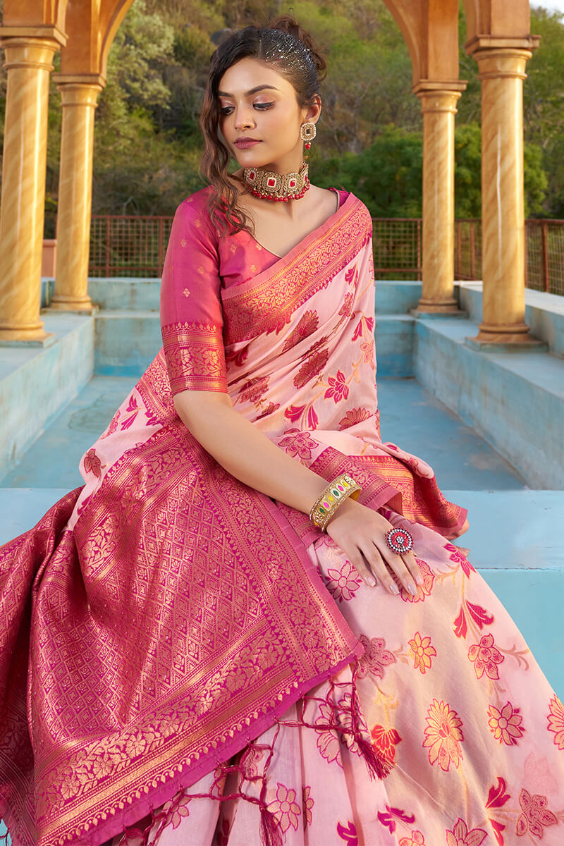 Glowing Baby Pink Organza Silk Saree With Lissome Blouse Piece - Colorful Saree