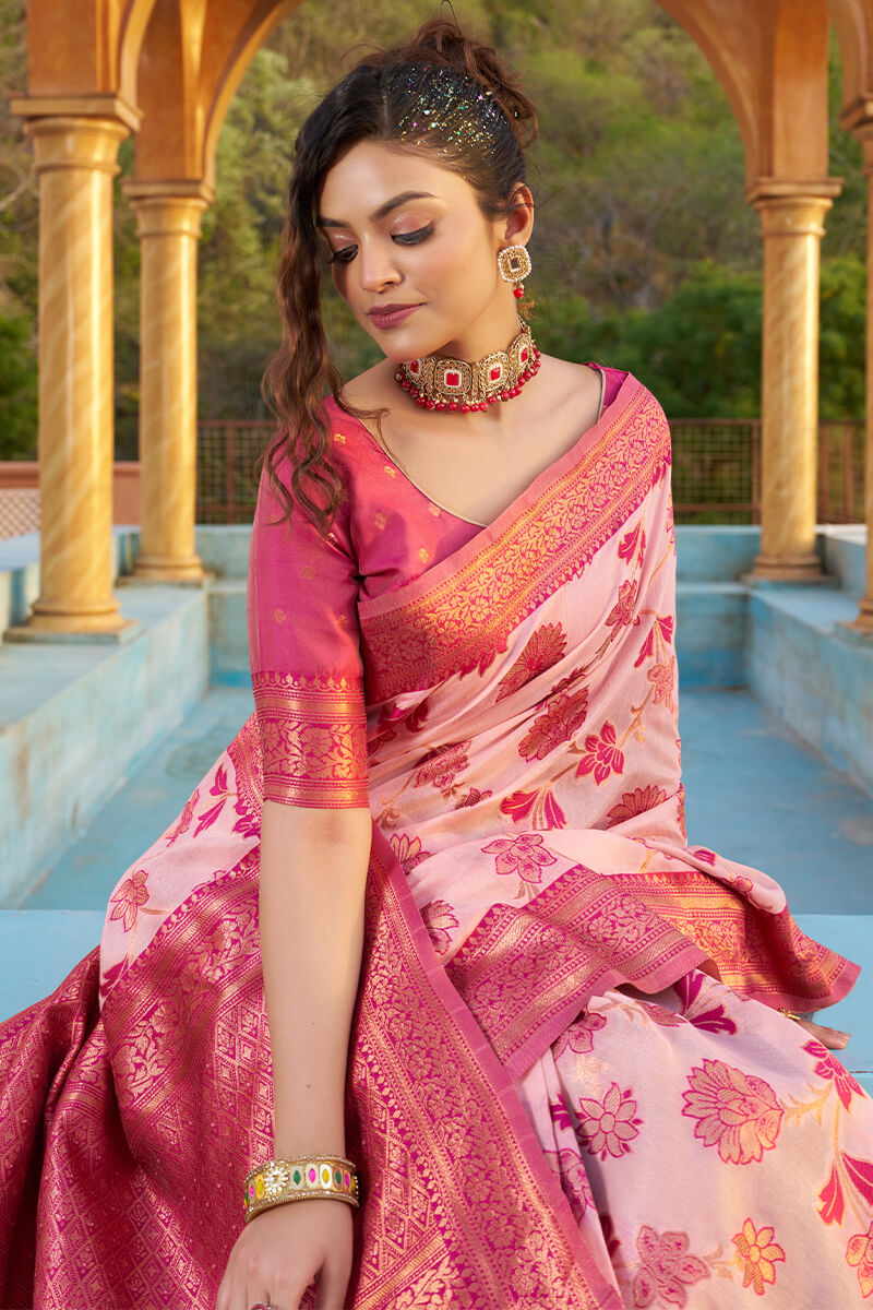 Glowing Baby Pink Organza Silk Saree With Lissome Blouse Piece - Colorful Saree