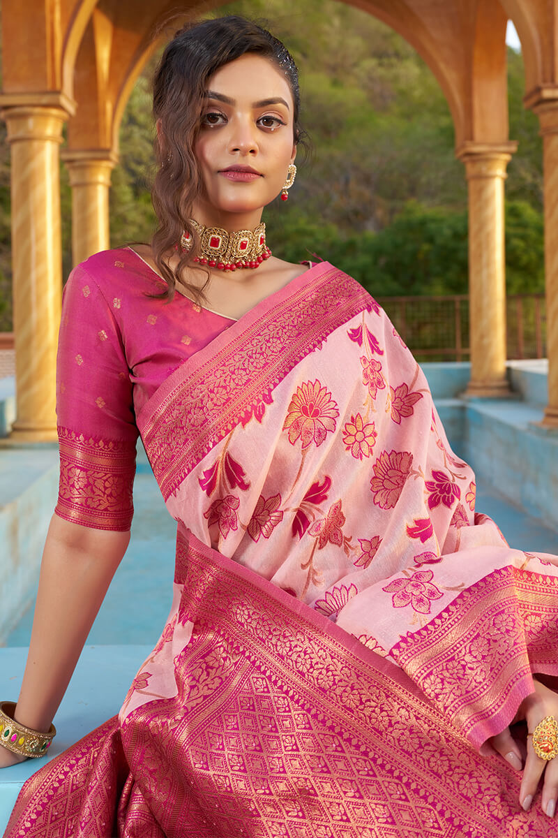 Glowing Baby Pink Organza Silk Saree With Lissome Blouse Piece - Colorful Saree