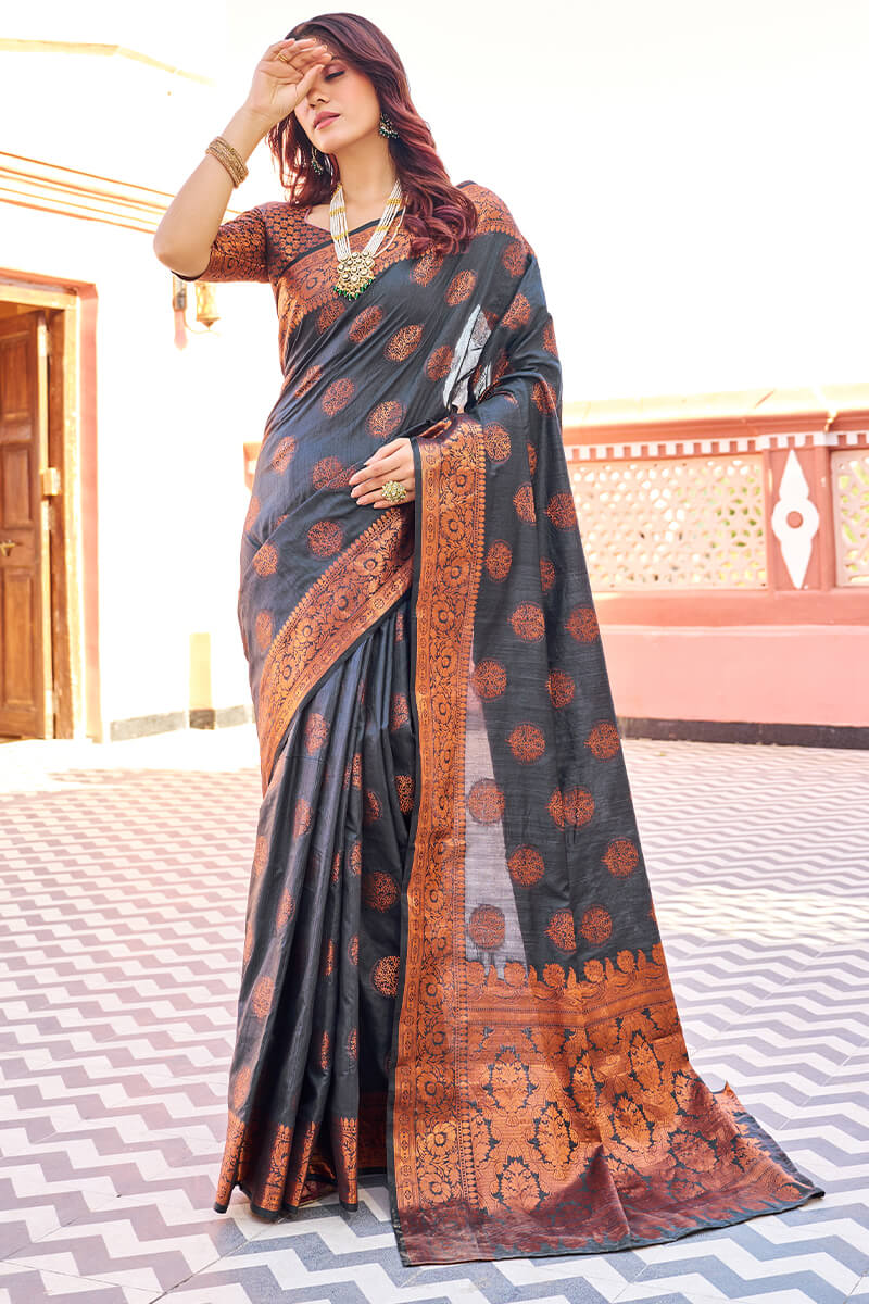 Demanding Black Banarasi Silk Saree With Pretty Blouse Piece - Colorful Saree