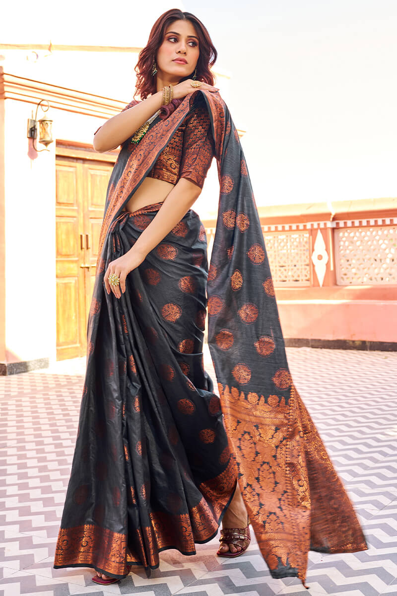 Demanding Black Banarasi Silk Saree With Pretty Blouse Piece - Colorful Saree