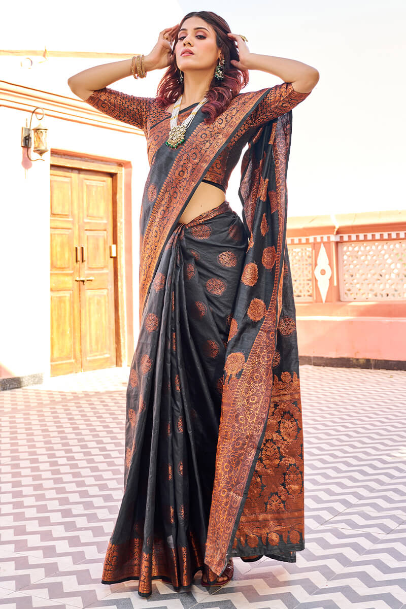 Demanding Black Banarasi Silk Saree With Pretty Blouse Piece - Colorful Saree