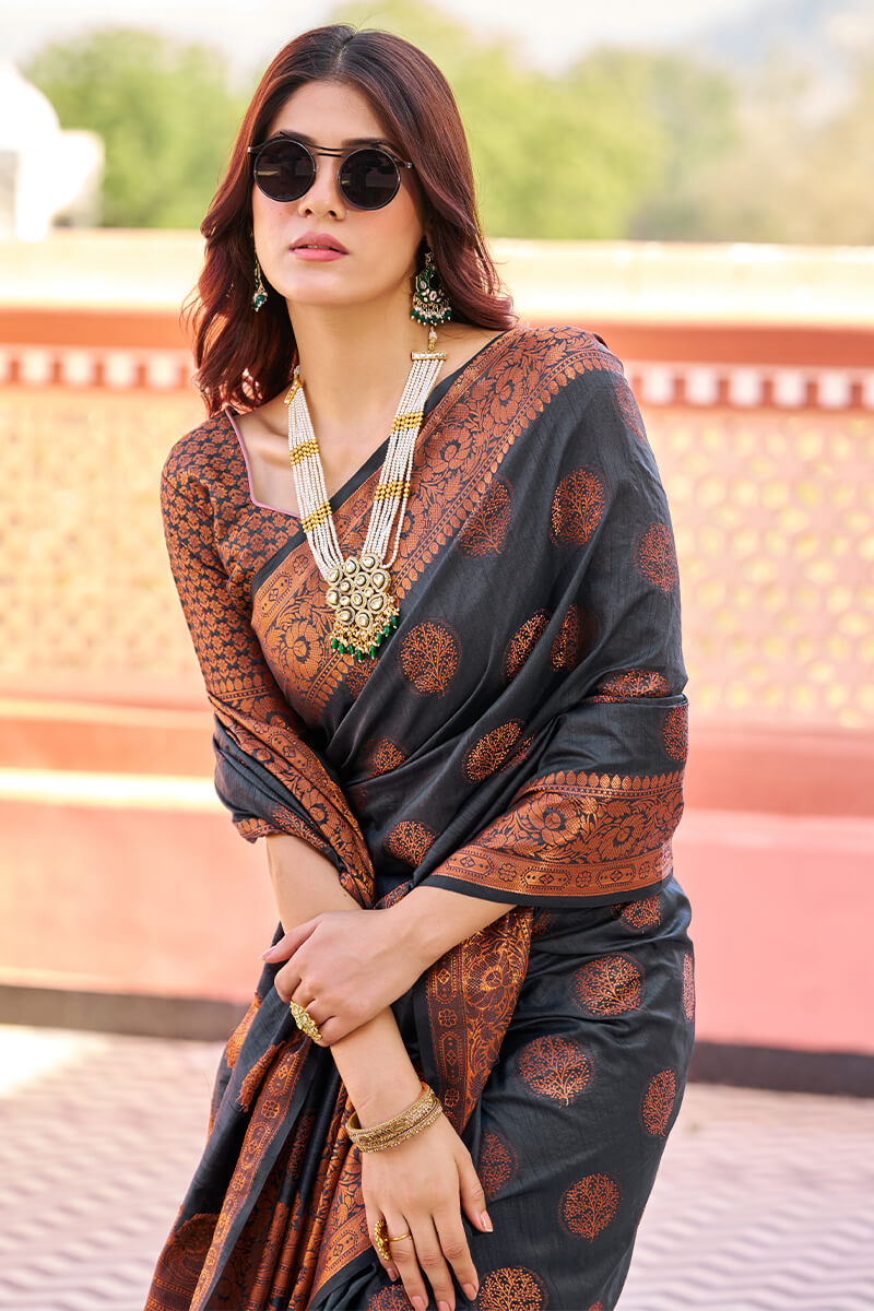 Demanding Black Banarasi Silk Saree With Pretty Blouse Piece - Colorful Saree